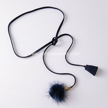 Black Velvet Leather Tassel Ball Pendant Tied Long Necklaces